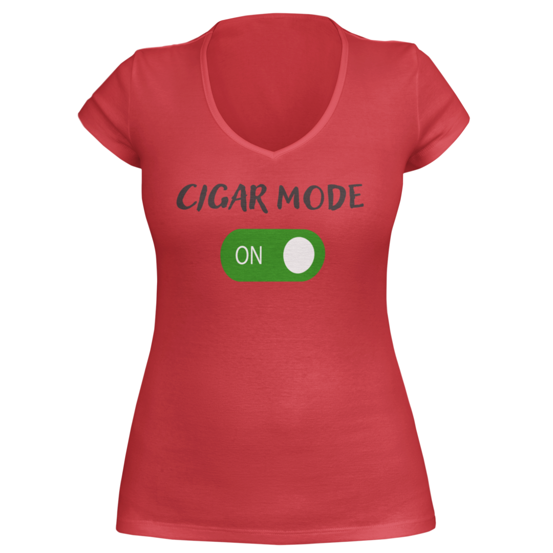 The Cigar Mode Addicted2Cigars Short Sleeve features a red, V-neck design with the text "CIGAR MODE" displayed above a green switch icon labeled "ON." This fitted T-shirt is designed specifically for women passionate about cigars.