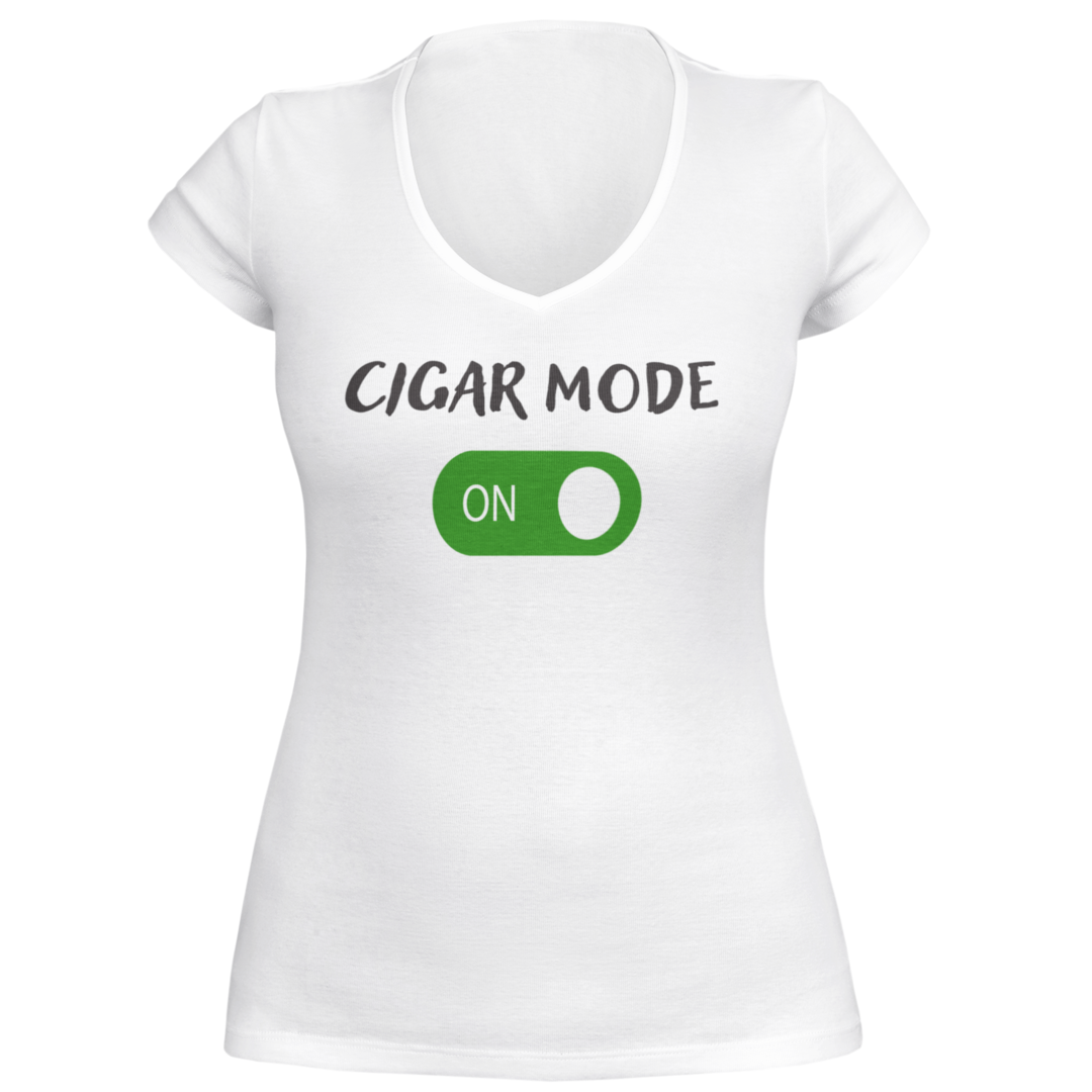 Introducing the "Cigar Mode Addicted2Cigars Short Sleeve," a white V-neck T-shirt with "CIGAR MODE" printed in black above a green toggle switch graphic labeled "ON." Perfect for devoted cigar aficionados, this short-sleeved shirt is a must-have for any enthusiast.