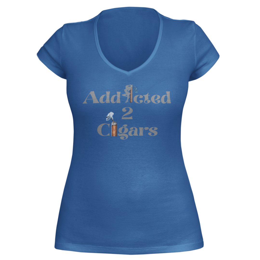 The gray short-sleeve "Addicted2Cigars" T-shirt for women features a light, stylized font displaying the text "Addicted 2 Cigars" accompanied by a small graphic of a fine cigar with smoke artfully integrated into the design.