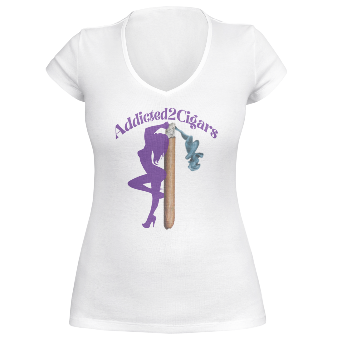 Product Name: White/Purple Addicted2Cigars Women Short Sleeve

Description: A women's short sleeve V-neck T-shirt in white featuring a playful illustration on the front. The design includes a silhouette of a person standing next to a large, better cigar with smoke. Above the image, the text "Addicted2Cigars" is prominently displayed in purple font, making it perfect for those devoted to their passion.