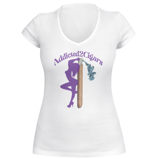 Product Name: White/Purple Addicted2Cigars Women Short Sleeve

Description: A women's short sleeve V-neck T-shirt in white featuring a playful illustration on the front. The design includes a silhouette of a person standing next to a large, better cigar with smoke. Above the image, the text "Addicted2Cigars" is prominently displayed in purple font, making it perfect for those devoted to their passion.