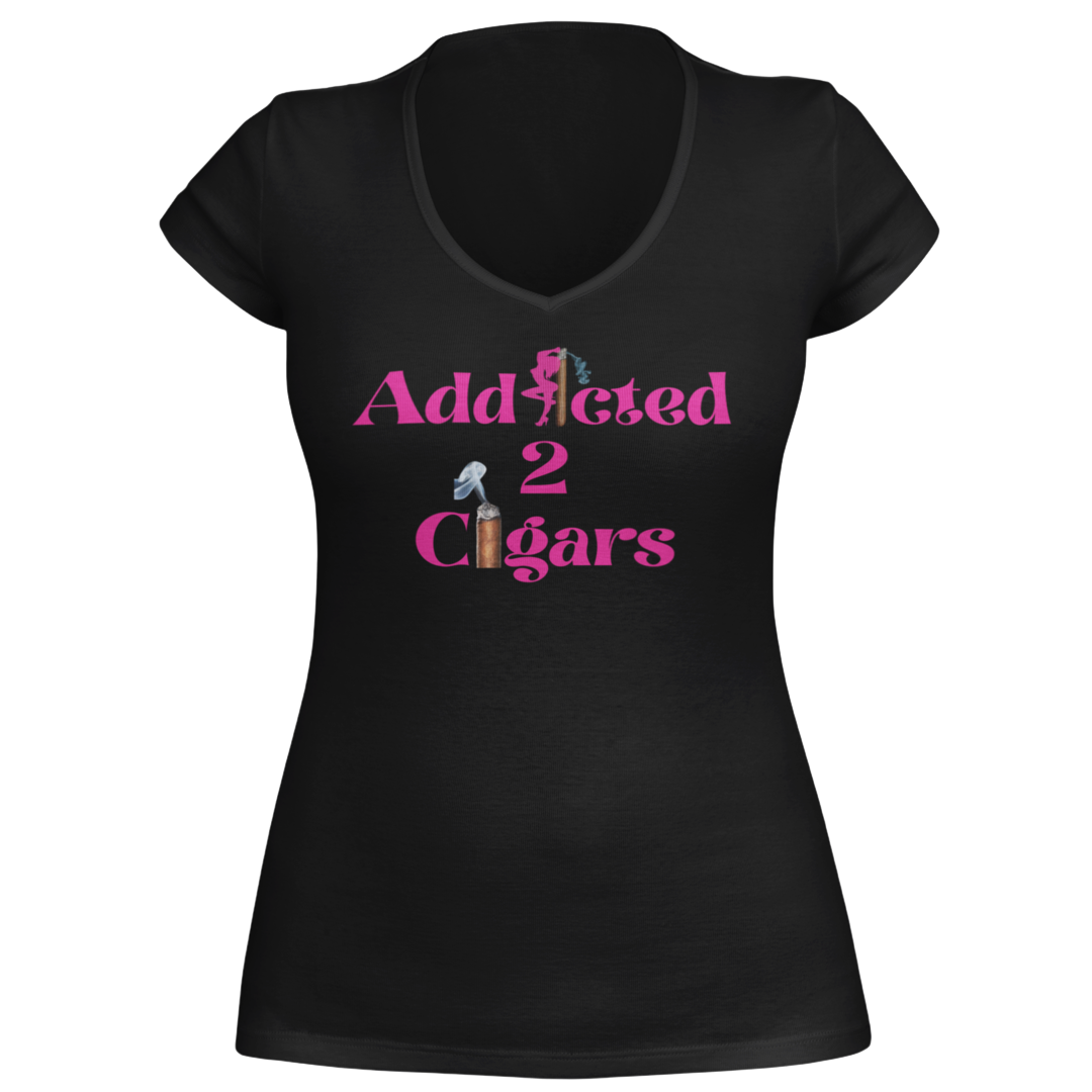 A black V-neck women's T-shirt named "Addicted2Cigars Women Pink Short Sleeve" featuring pink text that reads "Devoted 2 Cigars," with the number "2" cleverly represented by an image of a cigar. This fitted style shirt has short sleeves, perfect for those embracing their cigar addiction.